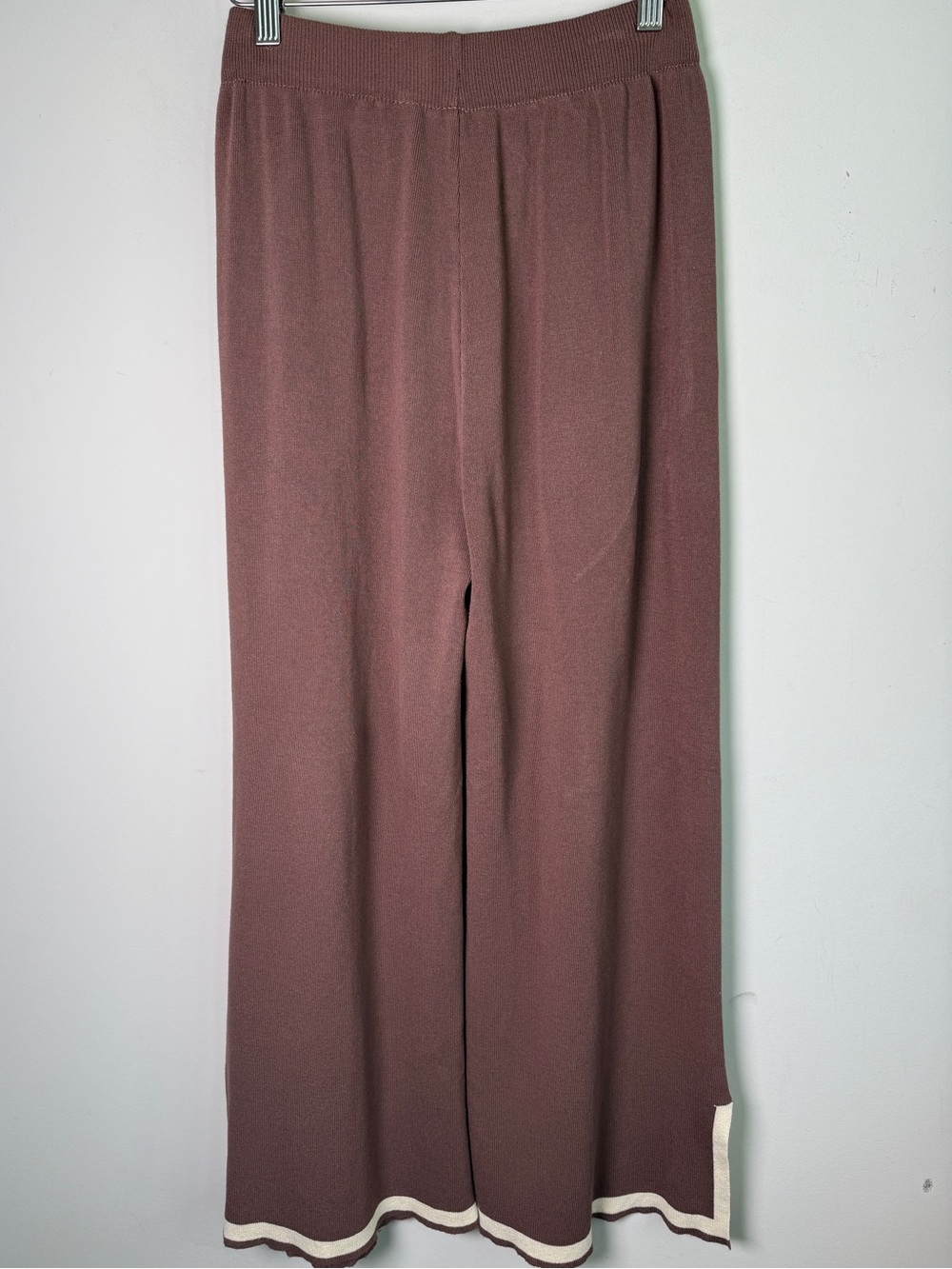 Brown Ribbed Knit Wide Leg Pants Cream Stripe Hem Side Slit Sz S - Picture 5 of 8